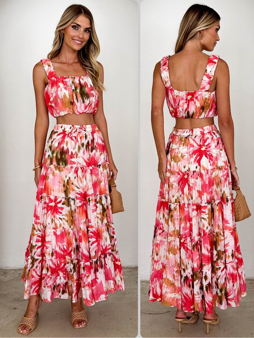 Sunday Up Coral Floral Printed Tiered Maxi Skirt & Crop Top Co-Ord SET NWOT $129